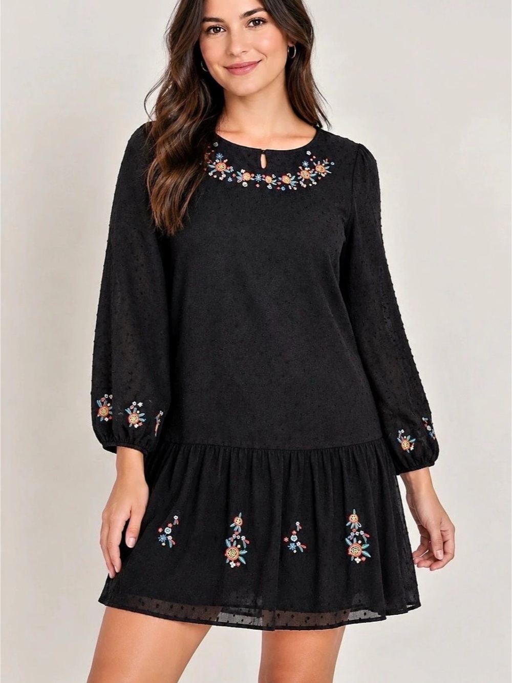 Japna Black Embroidered Floral Dress Size S Long Sleeve Boho